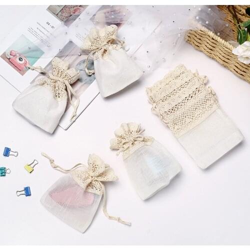 2 Pcs 10x14cm White Cotton Drawstring Wave Lace Canvas Bag for DIY Sundries Craft Pouch Gift Candy Bag Wedding Party Decor Bag