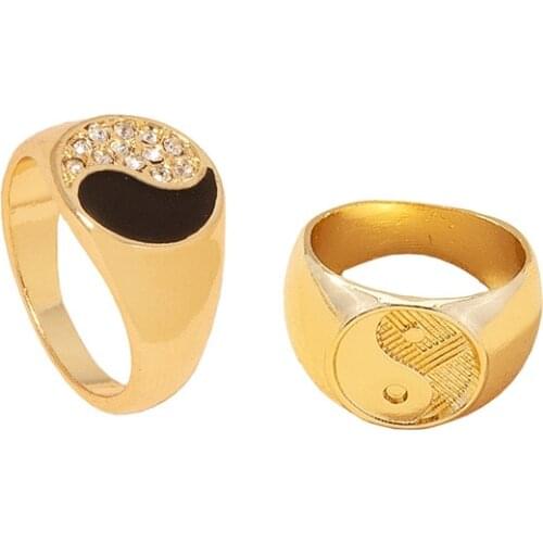 2021 Ins Trendy Gold Chinese Yin Yang Tai Ji Black Enamel Flower Minimalism Finger Rings Korean Fashion Women Party Jewelry