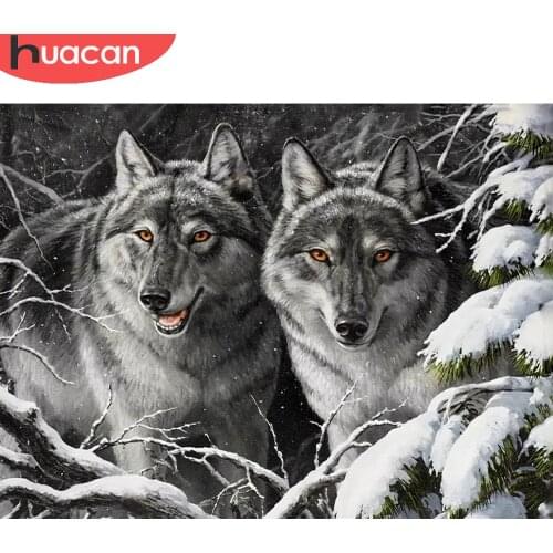 HUACAN Diy Diamond Painting Mosaic Wolf Black White Diamond Mosaic Embroidery Animal Tree Landscape Home Decor