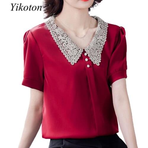 Blouses For Women Summer Office Work Clothing Top Blouses Shirts Vintage Top Female Short Sleeve V-Neck Plus Size Shirt Feminine