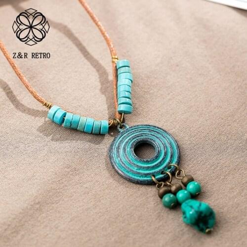 Bohemia Jewelry Vintage Women Long Necklace Blue Wooden Beads Sweater Rope Chain Vintage Pendant&Necklaces Handmade 2021 Hotsale