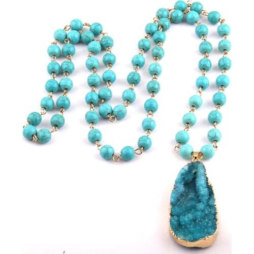 Free Shipping Rosary Chain Blue Bead & Druzy Drop Pendant Necklaces
