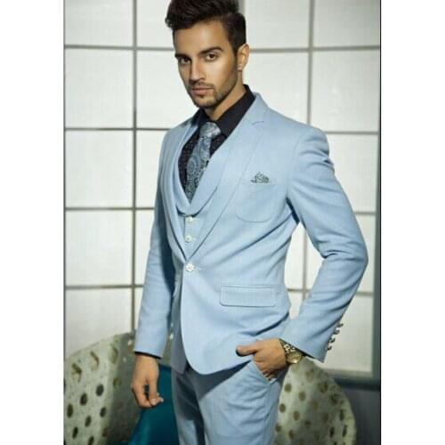 Baby Blue Mens Toast Suits Evening Dress Groom Tuxedos Customzie Coat Wasitcoat Trousers Set (Jacket+Pants+Vest+Tie) W:139
