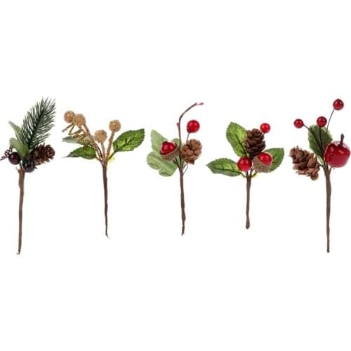 Hot XD-15Pcs Red Christmas Berry and Pine Cone Picks with Holly Branches for Holiday Floral Decor Flower Crafts