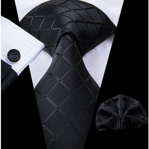 Hi-Tie Luxury Brand Silk Ties for Men 2019 Classic Business Party Wedding Tie Set Fashion Plaid Black Necktie 8.5cm C-1758