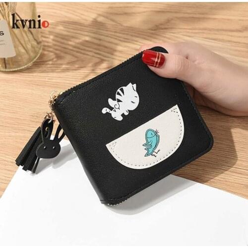 KVNIO Cat Eating Fish Print Tassel Wallet Women Purse Cute Cartoon Coin Bag Ladies Card Holder Clutch Wallet Female Tassel Purse