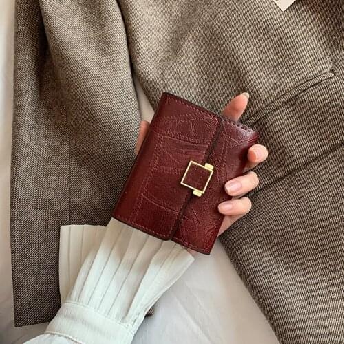 Womens Wallet Short Pu Leather Fashion Female Three Fold Metal Hasp Solid Color Ladies High Quality Coin Purses Cards