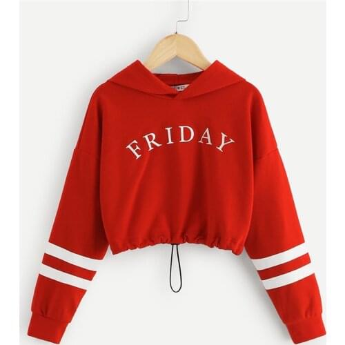 Red Girls Letter Front Crop Casual Hoodies Girls Tops Spring Korean Fashion Long Sleeve Crop Sweatshirts For Girls