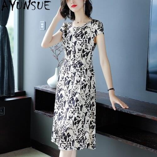 AYUNSUE Summer Silk Woman Dress 2021 Floral Elegant Ladies Dresses High Quality Midi Plus Size Dress Vintage Vestidos KJ6598
