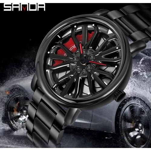 Men Fashion Hot Sell Car Rim Wristwatch 360 Degree Rotating Wheel Rim Dial Watches Stainless Steel Waterproof Sport Quartz Clock