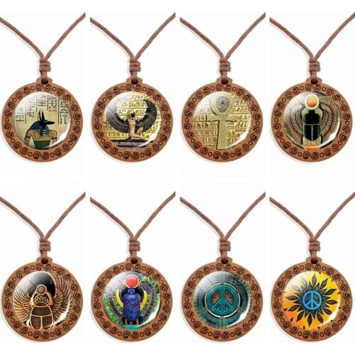 Ancient Egyptian Necklace Anubis Scarab Ankh Cross Art Picture Glass Cabochon Wood Pendant Retro Wax Rope Necklace Dropshipping