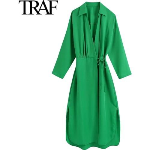Traf Za Women Fashion Robe Female Green Long Sleeve Dresses Big Shirt Dress Bandage Sarong Long Dress Midi Dress Vestidos Mujer