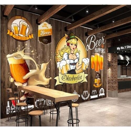 Custom wallpaper retro nostalgic beer girl dining background wall waterproof painting material