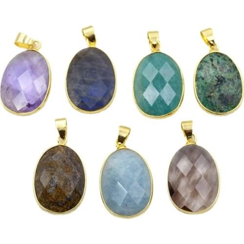 Gold-Plated Oval Egg Natural Labradorite Amethysts bronzite apatite Amazonite aquamarines Faceted pendant Gems stone necklace