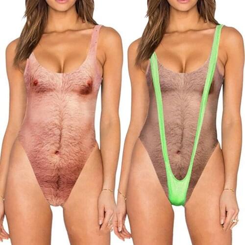 Funny Chest hair 3D Print One Piece Swimsuit Women Swimwear Sexy Push Up Bikinis Swimsuit Female Monokini Beachwear Bathing Suit