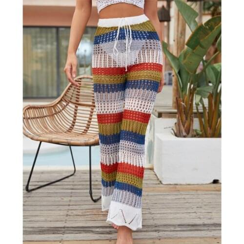Womens Clothing Women Bikini Cover Up Pants High Waist Crochet Hollow Out Color Block Swimsuits Beach Pants Sets