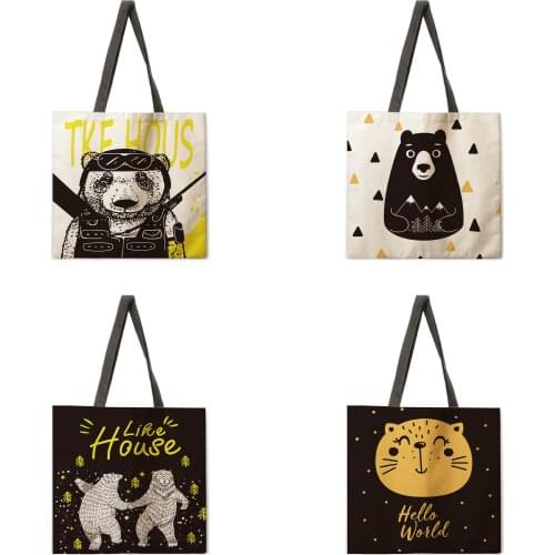 Shoulder bag ladies Nordic bear print casual tote bag linen Febric tote bag foldable shopping bag reusable beach bag