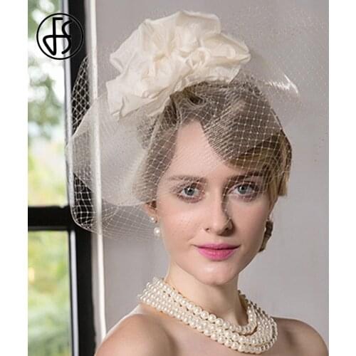 FS Beige Flowers Hat With Veils Fedoras Caps Hats For Women Wedding Bridal Church Hats Lady Derby Cloche Cap