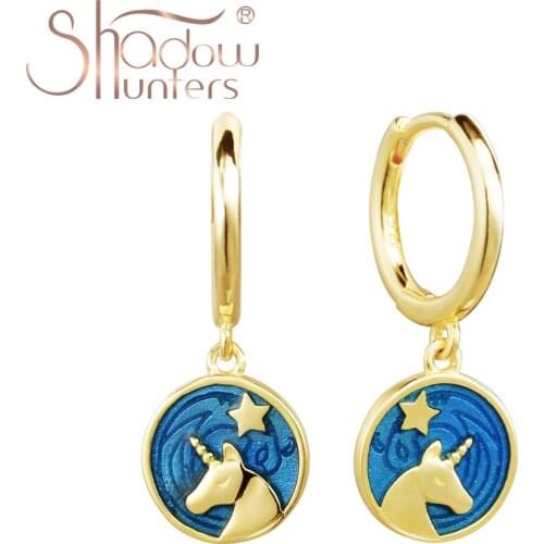 SHADOWHUNTERS Authentic 925 Sterling Silver Women Jewelry Blue Enamel Earrings Angle Horse Dangle Drop Earrings For Love Courage