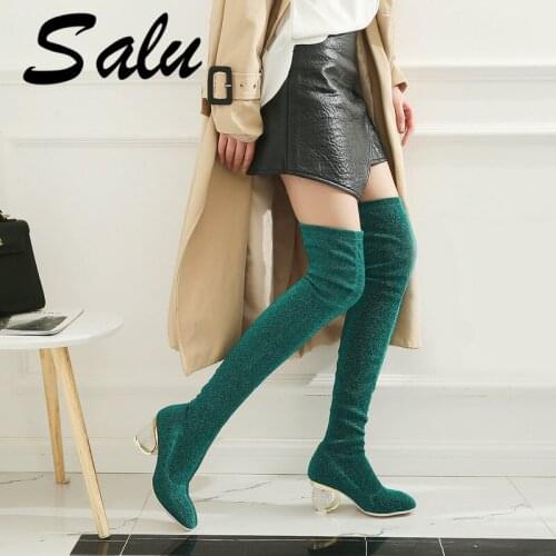 Salu 2020 Stretch Women Shoes Thigh High Boots Stilettos Sexy Over The Knee Boots Pointy Toe High Heel Long Boots Black Gold Red