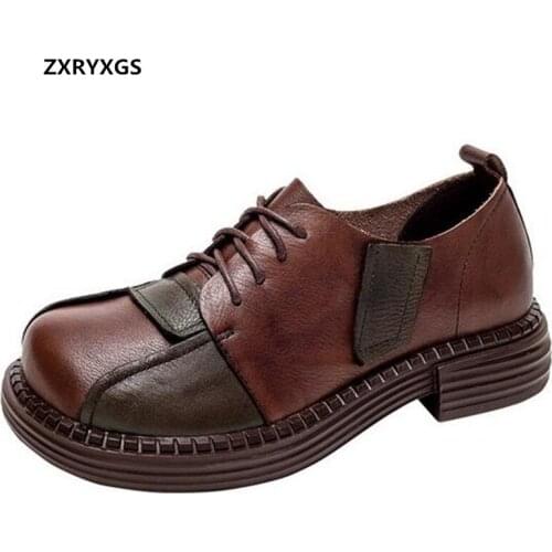 HOT 2021 New Classic Retro Shoes Mixed Color Full Genuine Leather Shoes Flat Shoes Woman Round Toe Loose Comfortable Shoes Tide