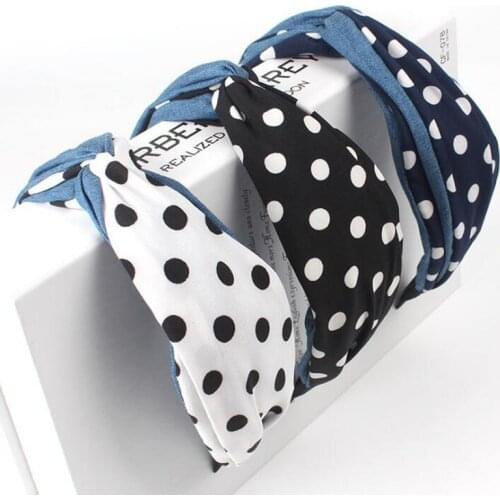 New Women Vintage Twisted Knotted Cloth Wrapped Headband Dot Demin Patchwork Wide Hair Hoop Retro Ruched Elastic Casual Headwear