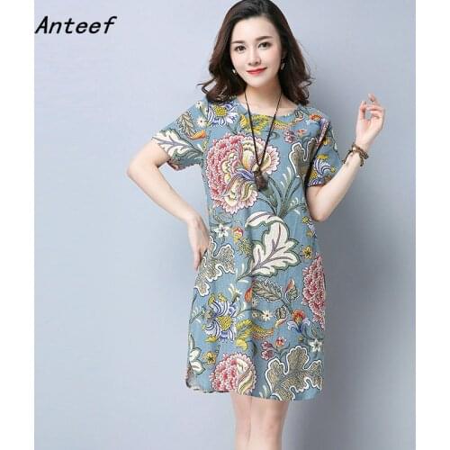 Short sleeve cotton linen vintage floral dresses for women casual loose mini woman summer dress elegant clothes 2021