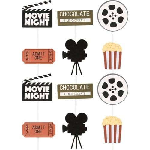 24PCS Cake Inserted Card Movie Themed Party Decor Popcorn Cinema Ticket Lamplight Camera Cake Movie Party Decoration