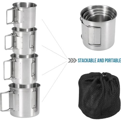 4Pcs Stainless Steel Cups Set Outdoor Tableware Pot Water Mug Cup With Foldable Handles For Camping Picnic Hiking Travel