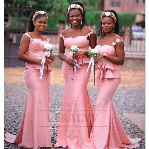 African Coral Bridesmaid Dresses Long Lace Cap Sleeves Ruffles Elastic Satin Black Girls Bridesmaid Dress Wedding Party Gowns