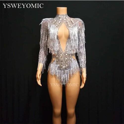 Flashing Grey Rhinestones Tassel Spandex Bodysuit Womens Birthday Party Evening Costume Stage Outfit Nightclub Dance Costume