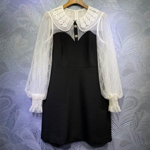 Spring Autumn Women sweet peter pan collar High quality Mesh sleeves Dress C663