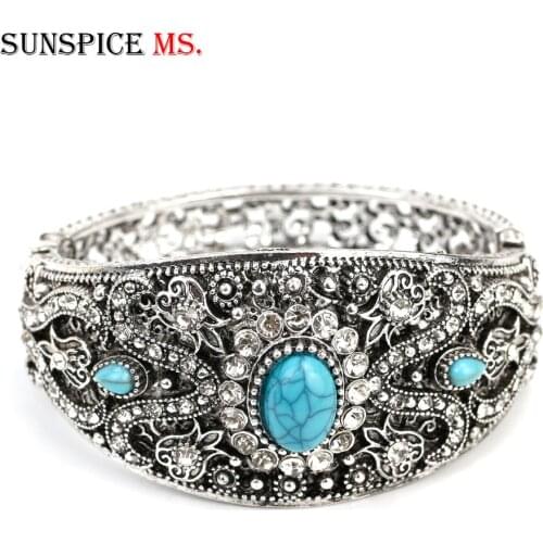 Sunspicems Retro Vintage Silver Color Women Cuff Bracelet Bangle Turkish Design Bohemia Ethnic Wedding Jewelry