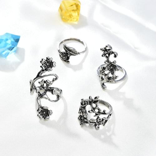 4PCS/Set Vintage Punk Antique Forest Vine Leaf Flower Carved Midi Finger Ring Women Bohemian Ring Set Jewelry
