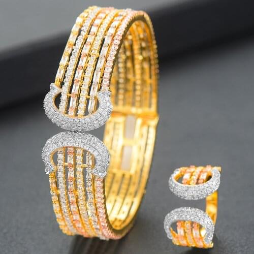 LARRAURI Luxury 3 Tone Bangle Ring Set For Women Indian African Nigerian Bridal Open Bangle Ring aretes de mujer modernos 2020
