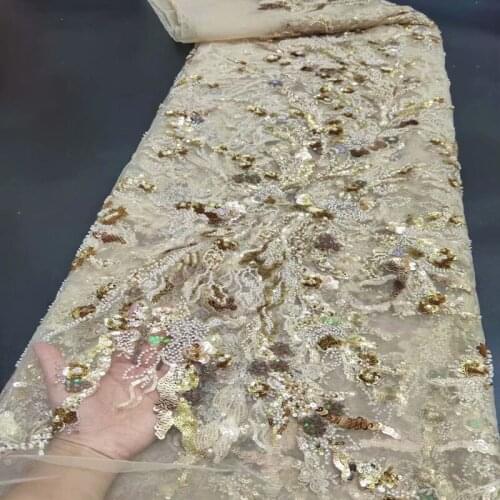 Newest Lady Party Dress Material High Quality Green Rich French Lace with Many Sequins HandWork Beads Tulle Fabric Turtle 2021