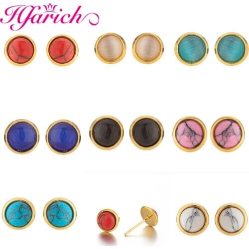 New Vintage Imitation Round Marble Stone Stud Earrings For Women Fashion Temperament Engagement Wedding Earrings Jewelry
