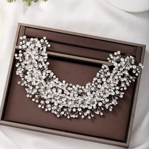 Luxury Silver Color Wedding Hair Accessories Rhinestone Tiaras Hairbands Women Hair Jewelry Headdress Handmade Bridal Ornaments