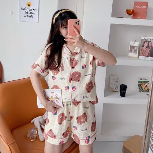 Cotton Womens Pajamas Fashion Leisure Cute Printing Plaid Turn-Down Collar Short Sleeve Pajamas With Shorts XXL Large Size