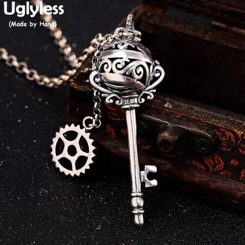 Uglyless Magic Key to Future Handmade Gear Keys Pendants for Men Big Hollow Necklaces NO Chain 999 Full Silver HIP HOP Jewelry
