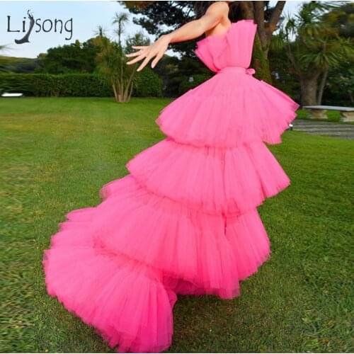 Trendy Fuchsia High Low Tutu Prom Dresses 2019 Lush Puffy Tiered Long Prom Gowns Off The Shoulder Party Dress Abendkleider