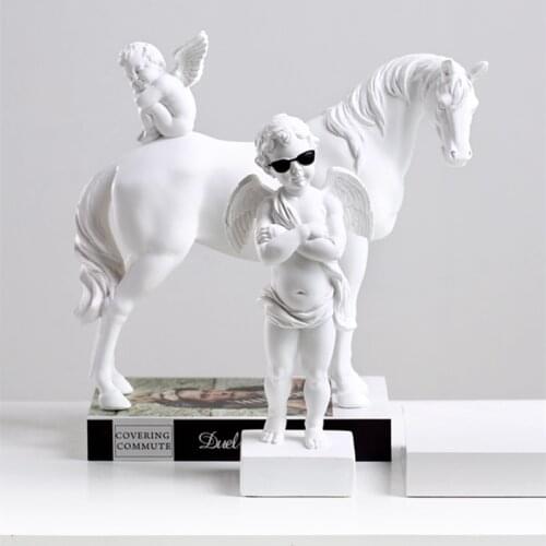 ROMAN MYTHOLOGY WHITE CUPID ANGEL HORSE FIGURINES STATUE RESIN CRAFTS HOME DECORATION ACCESSORIES A784