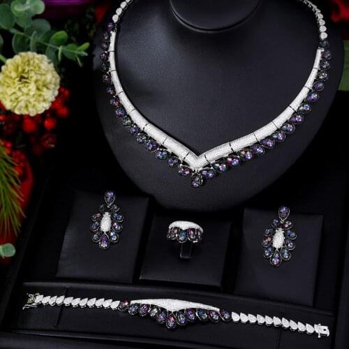 Blachette Luxury African Necklace Earring Bracelet Ring Jewelry Sets Multicolor Full Cubic Zirconia Dubai Indian Noble Gift