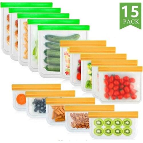 15 Pcs/Set Of Silicone Food Bag Frosted PEVA Silicone Food Storage Bag Reusable Freezer Snack Bag LeakProof Zipper Top Fruit Bag