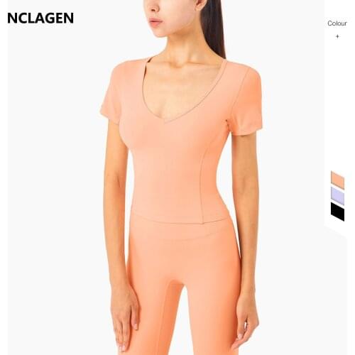 NCLAGEN Sports Top Women Short Sleeve Yoga T-shirt Girl Sexy V-neck Slim Naked-feel Buttery-Soft High Elastic Fitness GYM Blouse