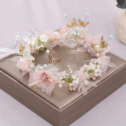 Bridal Head Wreath Flower Crown Women Pearl Butterfly Hairband Garland Tiara Wedding Party Performance Photography Accessories