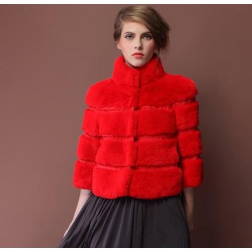 Spring Autumn Womens Genuine Natural Rex Rabbit Fur Jacket 3/4 Sleeve Lady Short Coat Outerwear VF0384