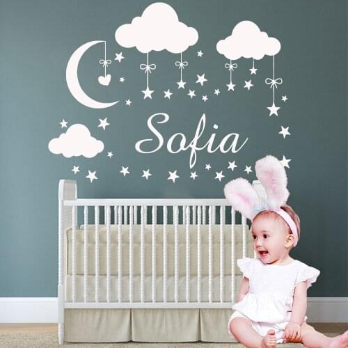 Custom Name Clouds Moon Stars Wall Sticker Vinyl Art Decals For Kids Babys Room Decoration Girls Bedroom Decor Mural