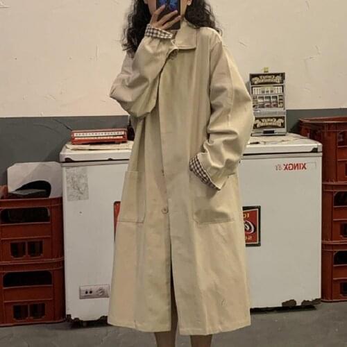 Vintage womens mid-length jacket 2021 fashion loose solid color Long Sleeve Side Pocket outerwear Harajuku Oversize Overcoat