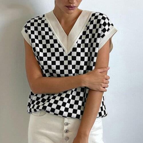 Vintage Y2k Plaid Printed Sweater Vest Women Oversize Autumn Streetwear Tank Top Sweater Casual Womens Knitted Sweaters Vest